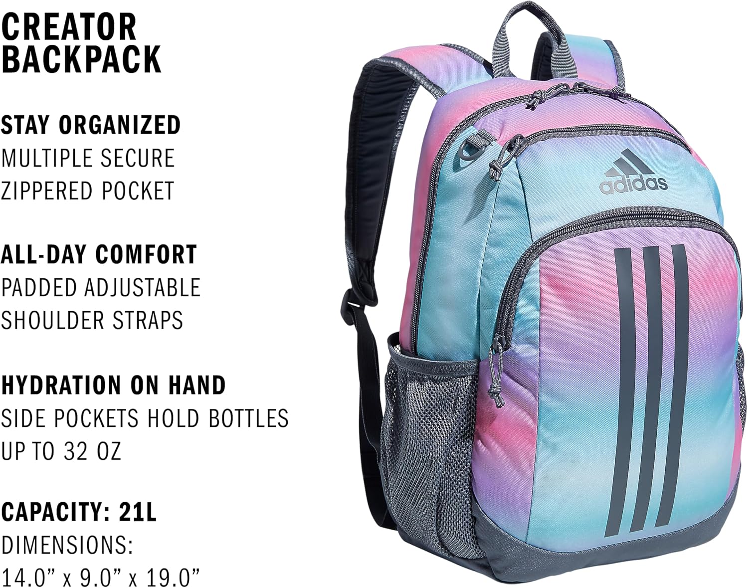 adidas Creator School Backpack for Girls & Boys — Durable Bookbag OSFA Gradient Rose Tone Pink/Onix Grey